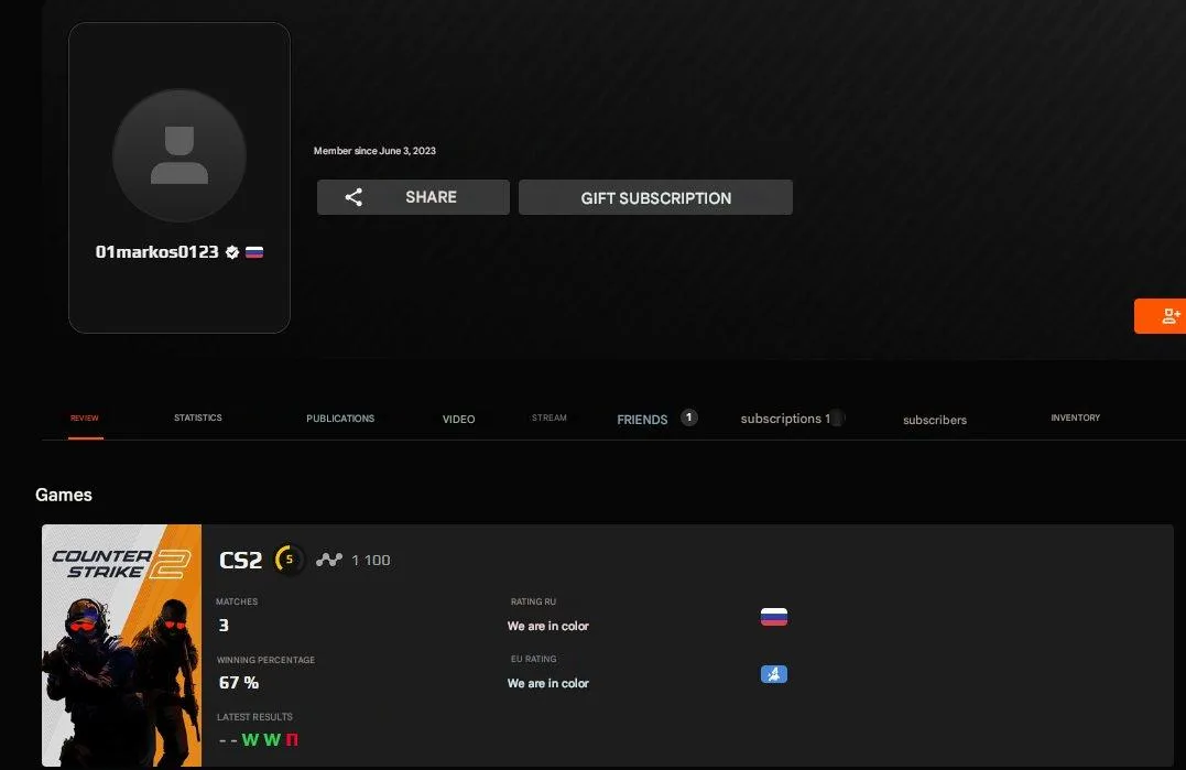 CS254 FACEIT 5 LVL 1100 ELO | 3 Matches | 2022 Registration | Verified | With Native Mail | 1000 FACEIT Points 